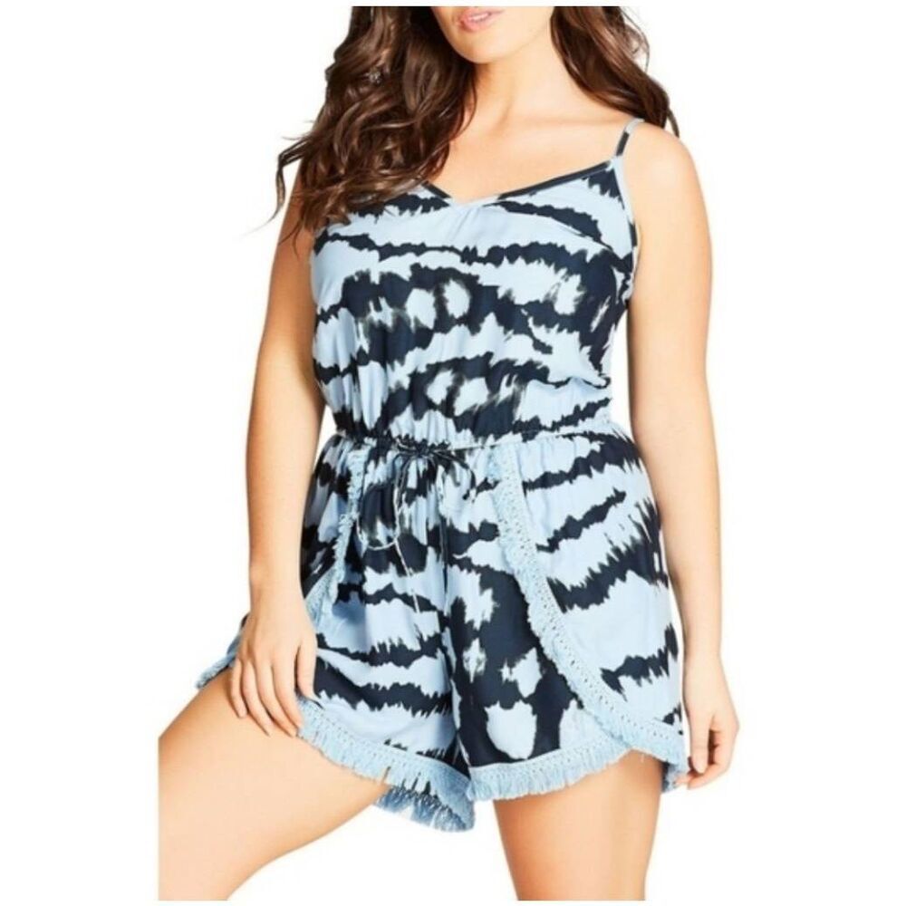 City Chic Tie Dye Romper 1XL 18 Blue Fringe Split Leg Boho Festival Beach Plus